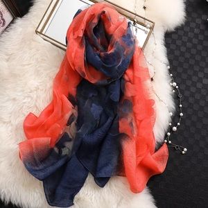 Hollow Lace Silk Scarf Blue Orange Color